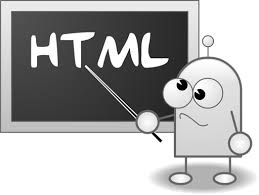 Image of robot infront of chalk board that says html.